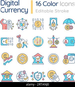 Customizable colorful icon set for digital currency Stock Vector