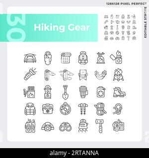 Editable pixel perfect hiking gear icons collection Stock Vector