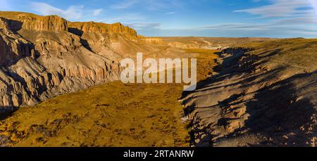 Spectacular view over the canyon at Río Pinturas in the evening light as an aerial view, Cueva de las Manos, Argentina, Patagonia Stock Photo