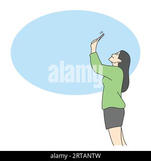 woman using smartphone to take a photo on blue blank space illustration vector hand drawn isolated on white background Stock Vector