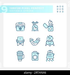 Editable pixel perfect hiking gear line icons Stock Vector