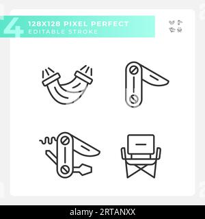 Pixel perfect hiking gear icons set Stock Vector