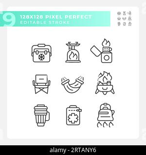 Editable pixel perfect hiking gear line icons Stock Vector