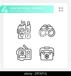 Set of editable pixel perfect hiking gear linear icons Stock Vector