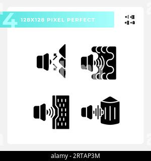 Pixel perfect glyph style soundproofing icons Stock Vector