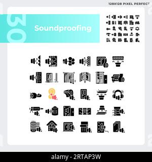 Pixel perfect glyph style soundproofing icons collection Stock Vector
