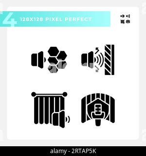 Pixel perfect glyph style soundproofing icons set Stock Vector