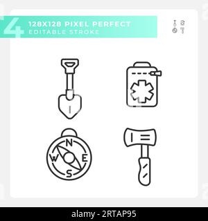 Editable pixel perfect hiking gear line icons pack Stock Vector