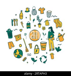 Vector illustration of zero waste concept. Hand drawn doodle icons. Stock Vector