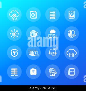 Hosting, servers and data storage icons, vector Stock Vector
