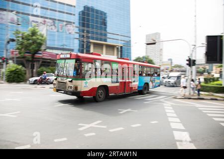 Bangkok, Thailand; 1st January 2023: Bus driving through the city center of Bangkok. Stock Photo