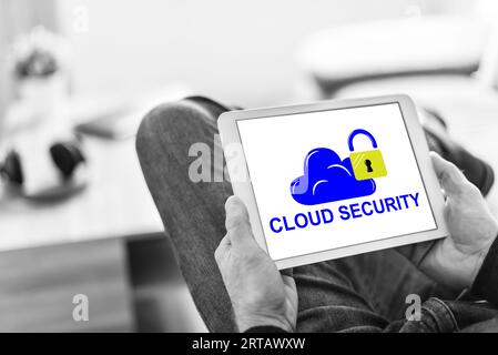 Tablet screen displaying a cloud security concept Stock Photo