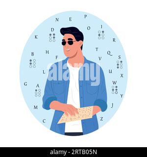 Portrait of a visually impaired young man reading a Braille book Stock Vector