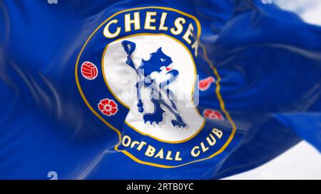 London, UK, Sept 10 2023: Close-up of Chelsea Football Club flag waving on a clear day. Blue Heraldic lion holding a staff. Illustrative editorial 3d Stock Photo