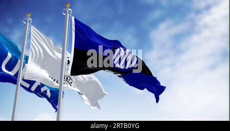 MIlan, IT, Sept. 10 2023: Flags of UEFA, UEFA CHampions League and Inter FC waving in the wind on a clear day. Illustrative editorial 3d illustration Stock Photo
