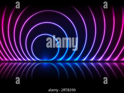 Blue and ultraviolet neon laser circles with reflection. Abstract ...