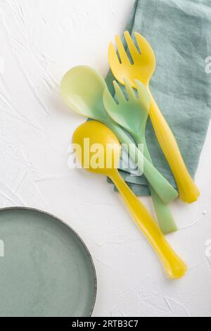 vintage salad cutlery, on napkins on white background Stock Photo
