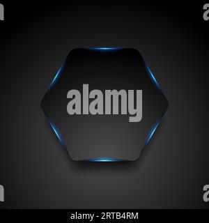 Black hexagon with blue neon light abstract background. Vector tech glowing corporate design Stock Vector