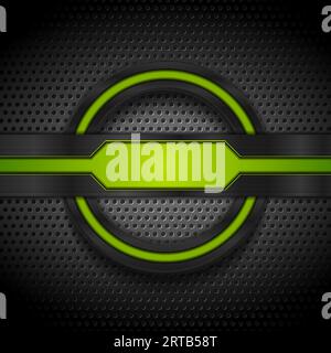 Green and black glossy tech shapes on dark metallic perforated background. Vector futuristic design Stock Vector