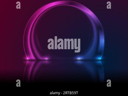 Blue and ultraviolet neon laser circle arch with reflection. Abstract ring technology retro background. Futuristic glowing electric graphic design. Mo Stock Vector