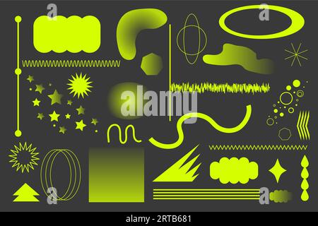 Set psychedelic retro futuristic abstract geometric shapes wireframe, cyberpunk elements. Neon colors isolated. Vector illustration Stock Vector