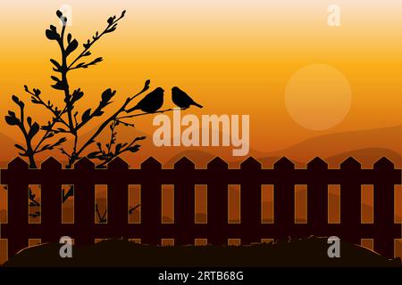 Birds sitting on branch in sunset. Two birds silhouette on tree at fence. Morning light with pair of birds on small branch in rural scenery. Vector Stock Vector