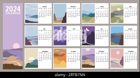 2024 Calendar planner set of 12 minimalistic abstract landscape natural backgrounds Stock Vector