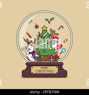Merry christmas glass ball with Christmas decoration and christmas tree doodle style. Vector illustration Stock Vector