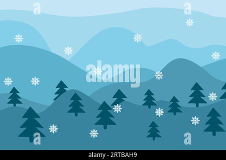 Snow Winter landscape with fir tree. Vector Flat illustration. Best use for holiday or winter theme design. Color seasonal snowy background for Poster Stock Vector