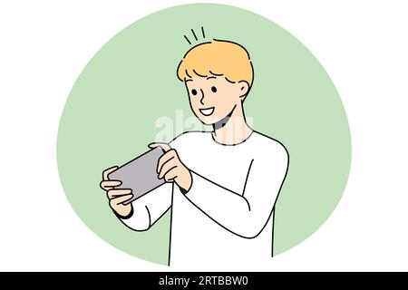 Happy boy child playing online game on cellphone. Smiling small kid have  fun engaged in video games on smartphone. Modern web app. Vector  illustration. 12971707 Vector Art at Vecteezy