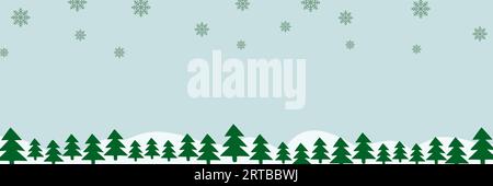 Border with green fir trees, falling snowflakes, snowdrifts with Copyspace for text. Pine, xmas evergreen plants banner. Vector Christmas tree garland Stock Vector