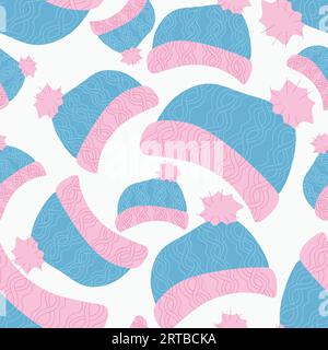 Seamless vector pattern with Warm Hats. Vintage style background with blue knitted accessories on white. Flat illustration Winter template for textile Stock Vector