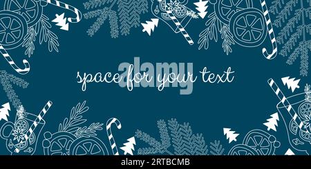 Christmas card or invitation design. Vector Outline wreath with winter drinks and fir branches. Hand sketched mulled wine and orange. Vintage Seasonal Stock Vector