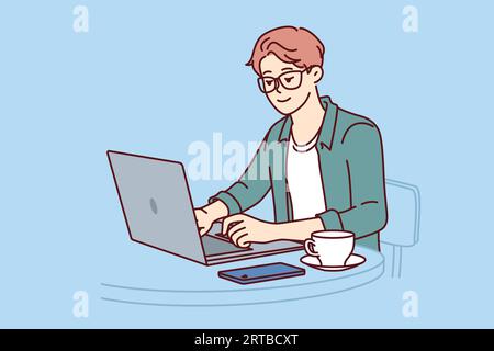 Man freelancer works with laptop sitting in cafe and drinking coffee enjoying remote work as programmer. Freelancer guy uses portable computer to create website or mobile app for phone Stock Vector