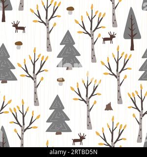 Autumn seamless pattern with doodle hand drawn birch and fir trees forest and deers. Cartoon flat Scandinavian style, design textile fabric, wrapping Stock Vector