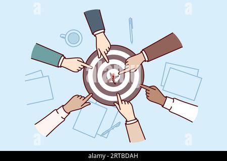 Target for darts and hands of purposeful people working together to achieve tasks or goals set by manager. Teamwork concept to achieve goals and make progress in business and career success Stock Vector