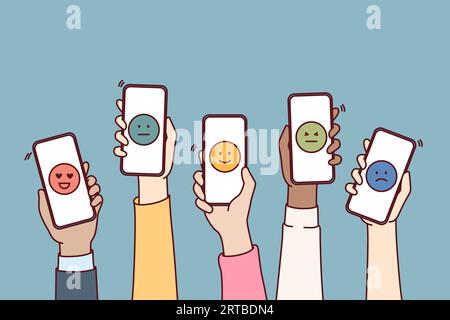 Emoticons in phones are metaphor for user feedback and assessment quality of services provided using application. Implementation internet technologies from collecting feedback from company customers Stock Vector