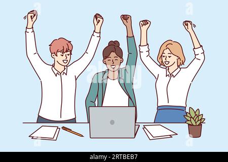 Successful business people make winning gesture, sitting at desk and rejoicing at making successful deal. Businesspeople are thrilled to hear about pay raise at work or getting funding for startup. Stock Vector
