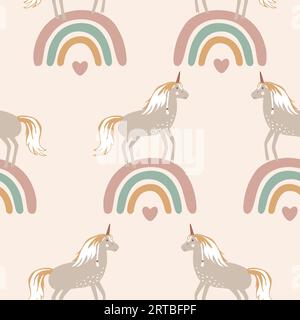 Seamless pattern with cute unicorns standing on rainbows. Design baby textile, fabric, wallpaper, baby shower, nursery decor, children decoration Stock Vector