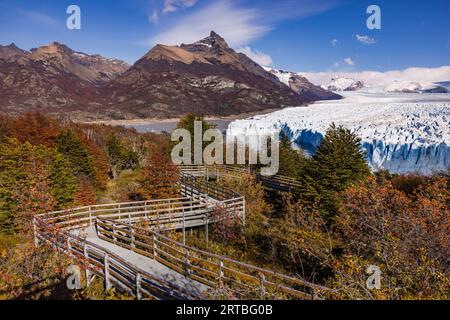 Landscaped footbridges and hiking trails on the Perito Moreno Glacier in autumnal colors and sun with a mountain panorama in the background, Argentina Stock Photo