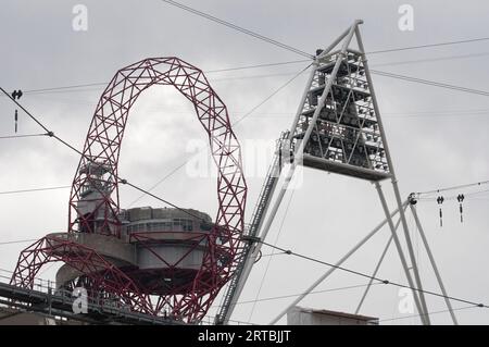 The AcelorMittal Orbit Tower seen from inside the Olympic London Stadium Stock Photo