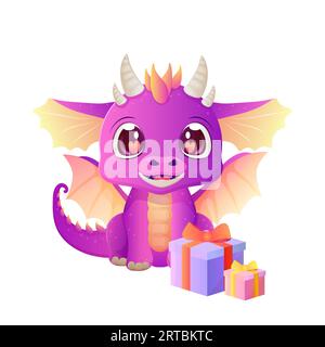 cute dragon, new year, year of the dragon. Cartoon style, purple, vector illustration Stock Vector