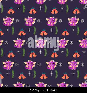 Seamless pattern dragon and bells, new year, 2024, purple. vector Stock Vector