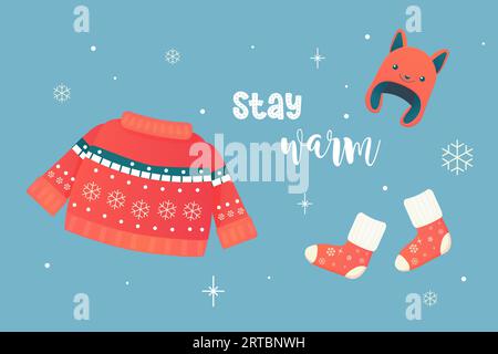 stay warm, clothes, accessories winter socks, jumper, hat. Vector illustration Stock Vector