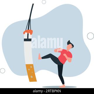 Man kicking boxing sandbag defines to man fighting to quit smoking. Stop smoking poster for disease warning.flat vector illustration. Stock Vector