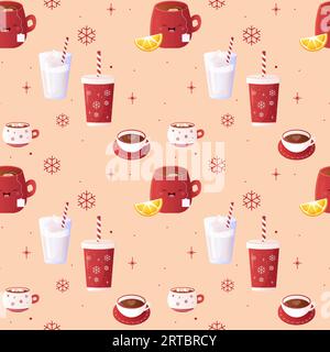 Seamless pattern winter drinks, mug, red. Tea, coffee, cocoa and lemon. Vector illustration Stock Vector