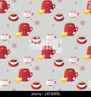 Seamless pattern winter drinks, mug, red. Tea, coffee, cocoa and lemon. Vector illustration Stock Vector