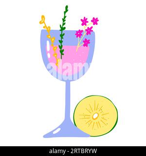 Cartoon tropical cocktail. Pink drink on white background. Hand drawn liquor with leaves, flowers kiwi fruit. Decorated beverage, soda, juice in stemm Stock Vector