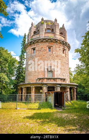The Bismark Tower in Jena am Forst in the forest with a blue sky and veil clouds, Jena Thuringia, Germany Stock Photo