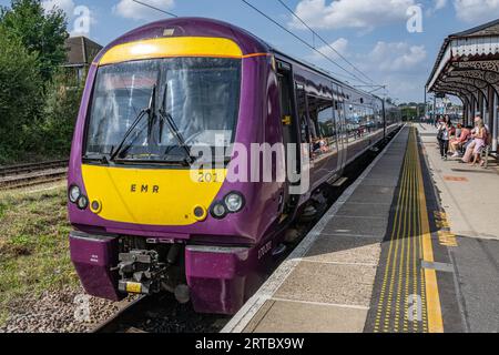 Grantham, Lincolnshire, UK – A EMR (East Midlands Railways) train ready to depart on its journey Stock Photo